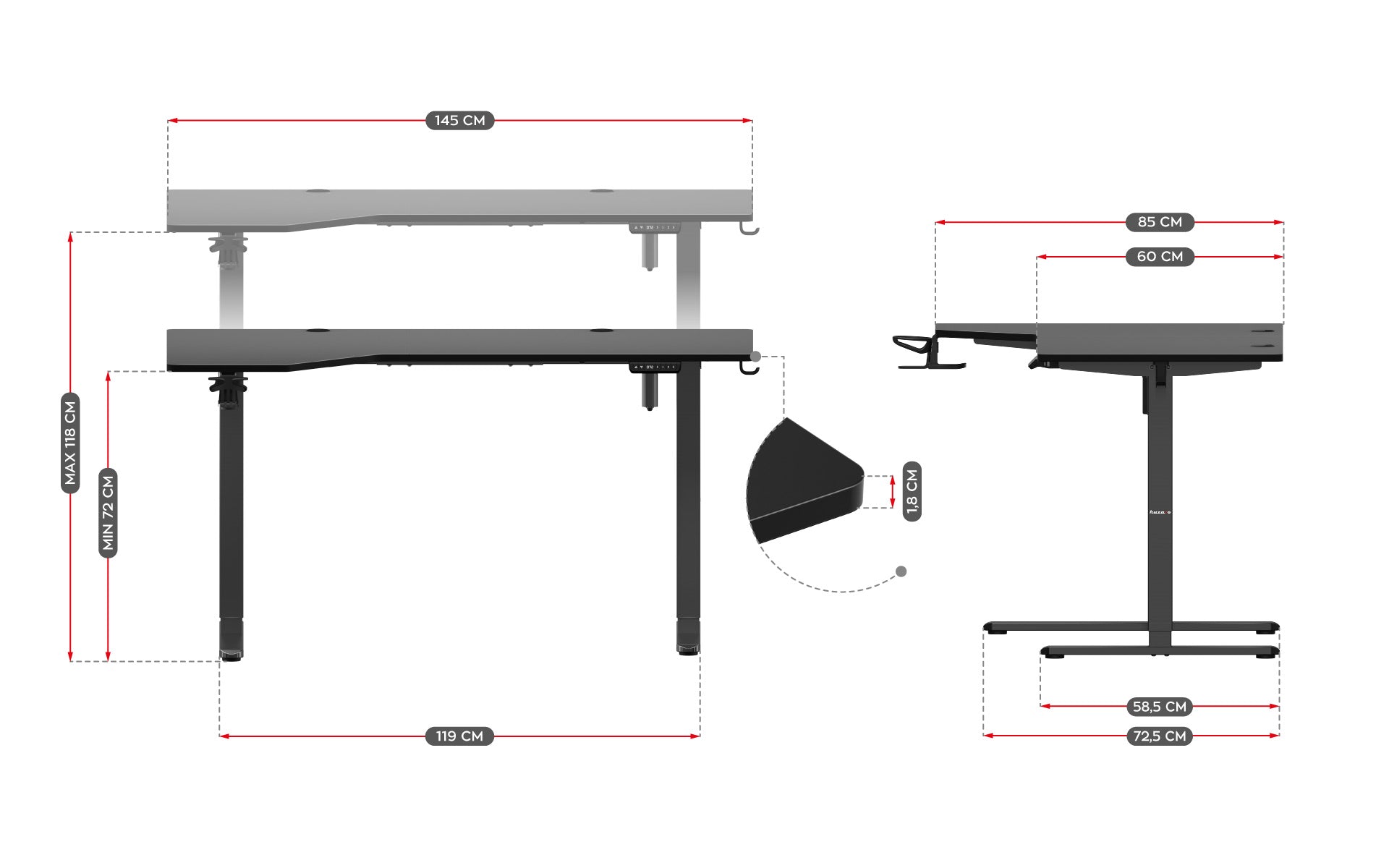 Elektrischer Eckschreibtisch Huzaro Hero 9.1 Schwarz 145 cm