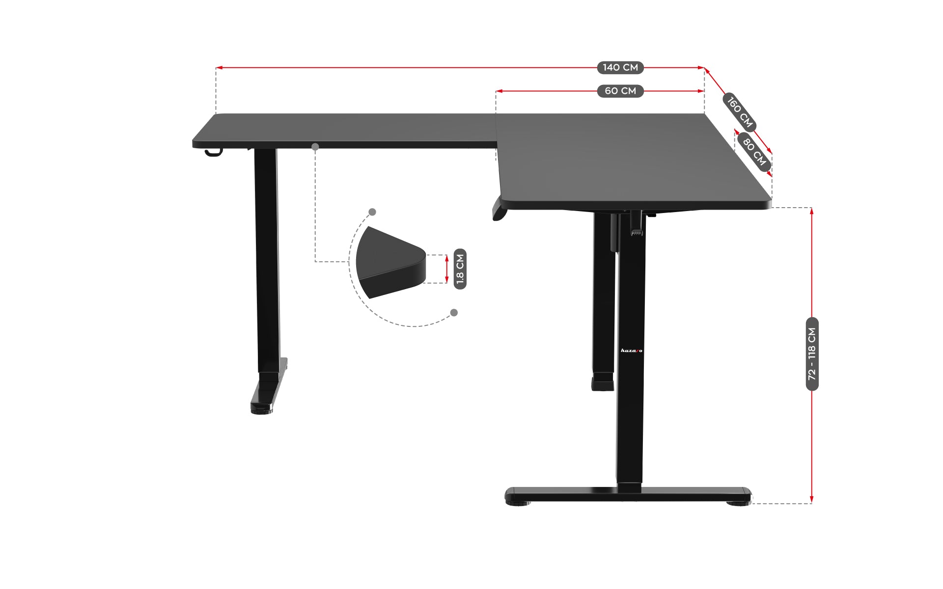 Huzaro Hero 9.5 Black elektrischer Eckschreibtisch 160 cm