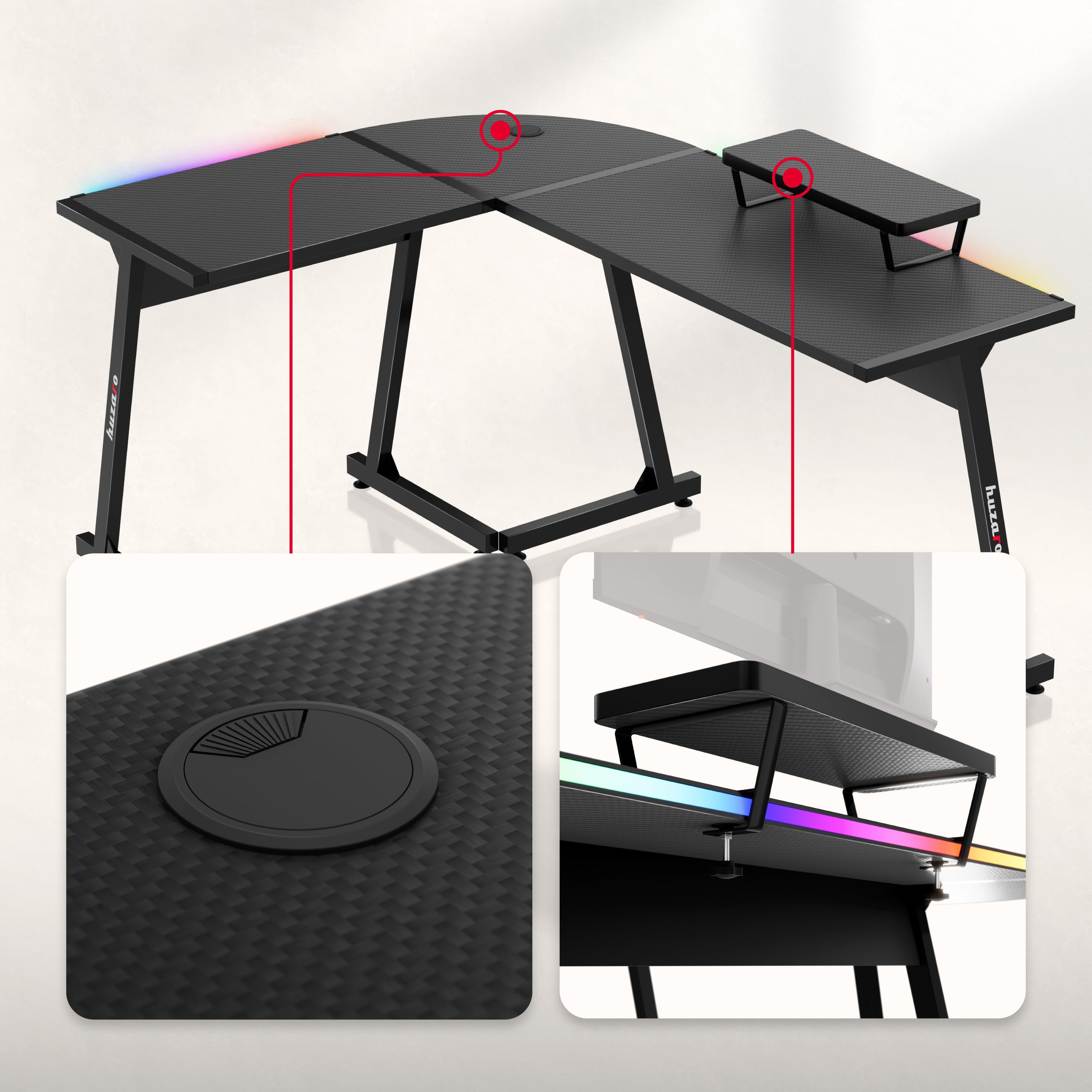Gaming-Eckschreibtisch HUZARO Hero 6.0 RGB Smart Schwarz 147 cm