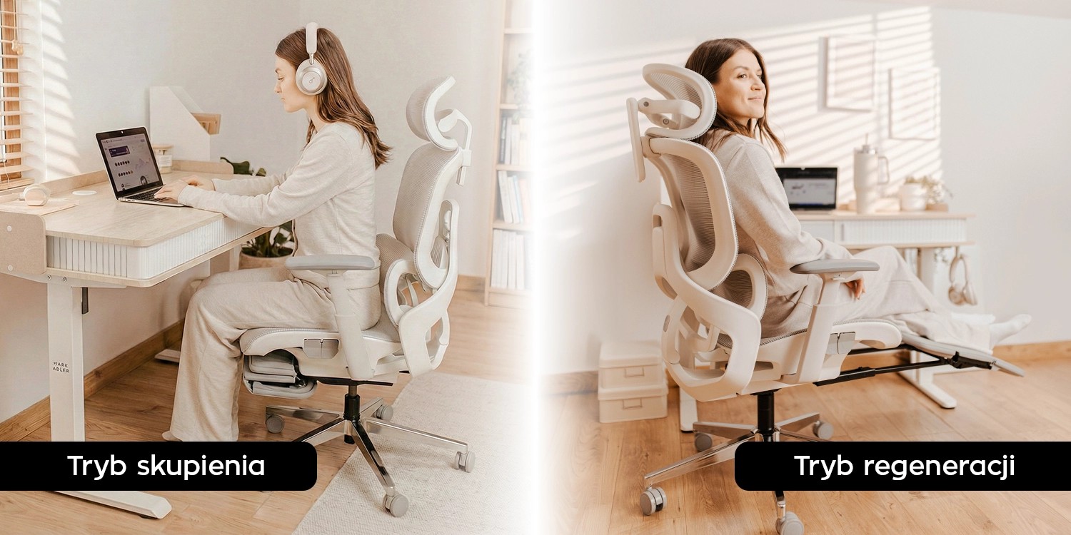 Grafika porównująca tryb skupienia (kąt 90 stopni) oraz tryb regeneracji na fotelu z podnóżkiem (kąt 135 stopni)