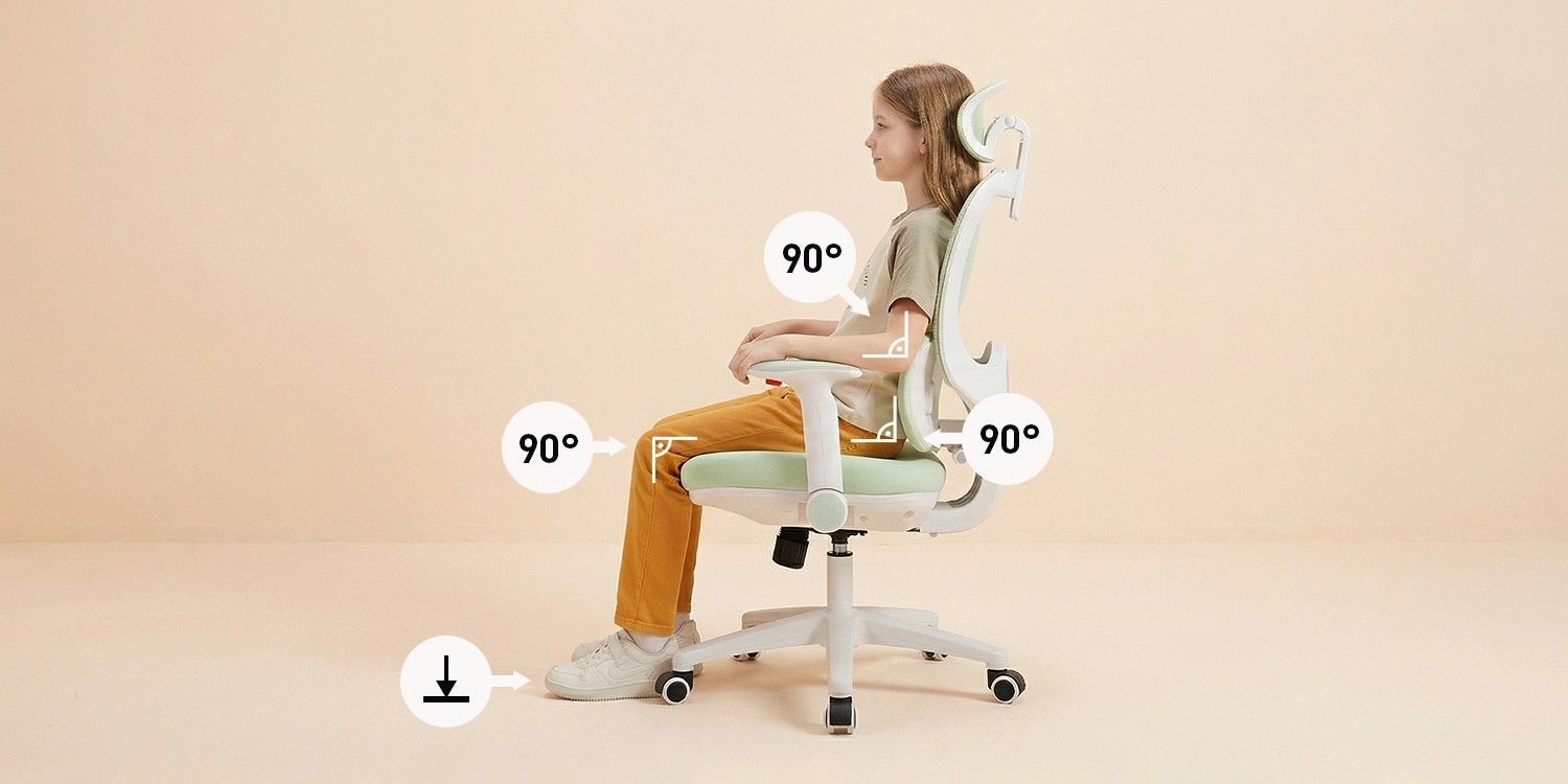 Prawidłowa postawa siedząca na fotelu Junior - wizualizacja kątów prostych i podparcia stóp