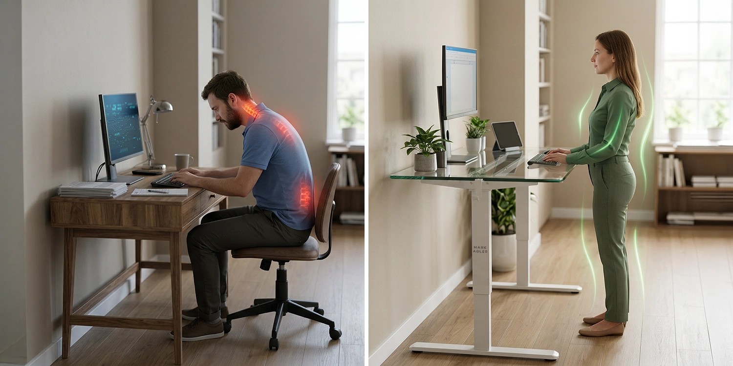 niewygodne krzesło i niezdrowa pozycja vs. zdrowa pozycja i praca przy biurku stojącym