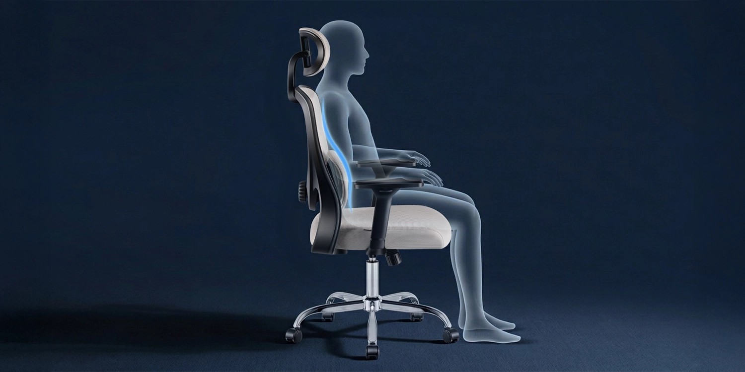 Profil fotela biurowego z nałożoną linią w kształcie litery S obrazującą wsparcie kręgosłupa