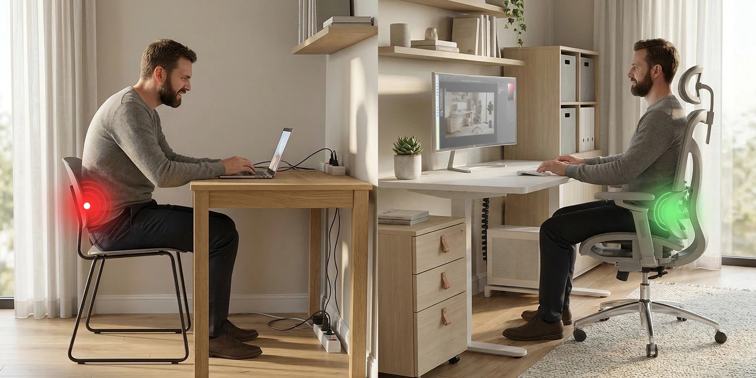 Porównanie postawy: zła postawa na zwykłym krześle vs prawidłowa postawa na fotelu Mark Adler z poduszką lędźwiową