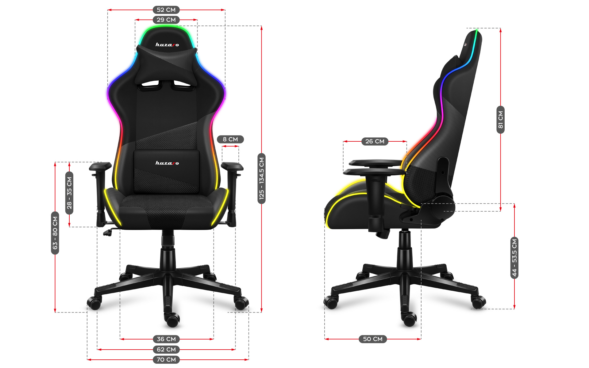 Wymiary fotela Huzaro Force 6.2 White RGB