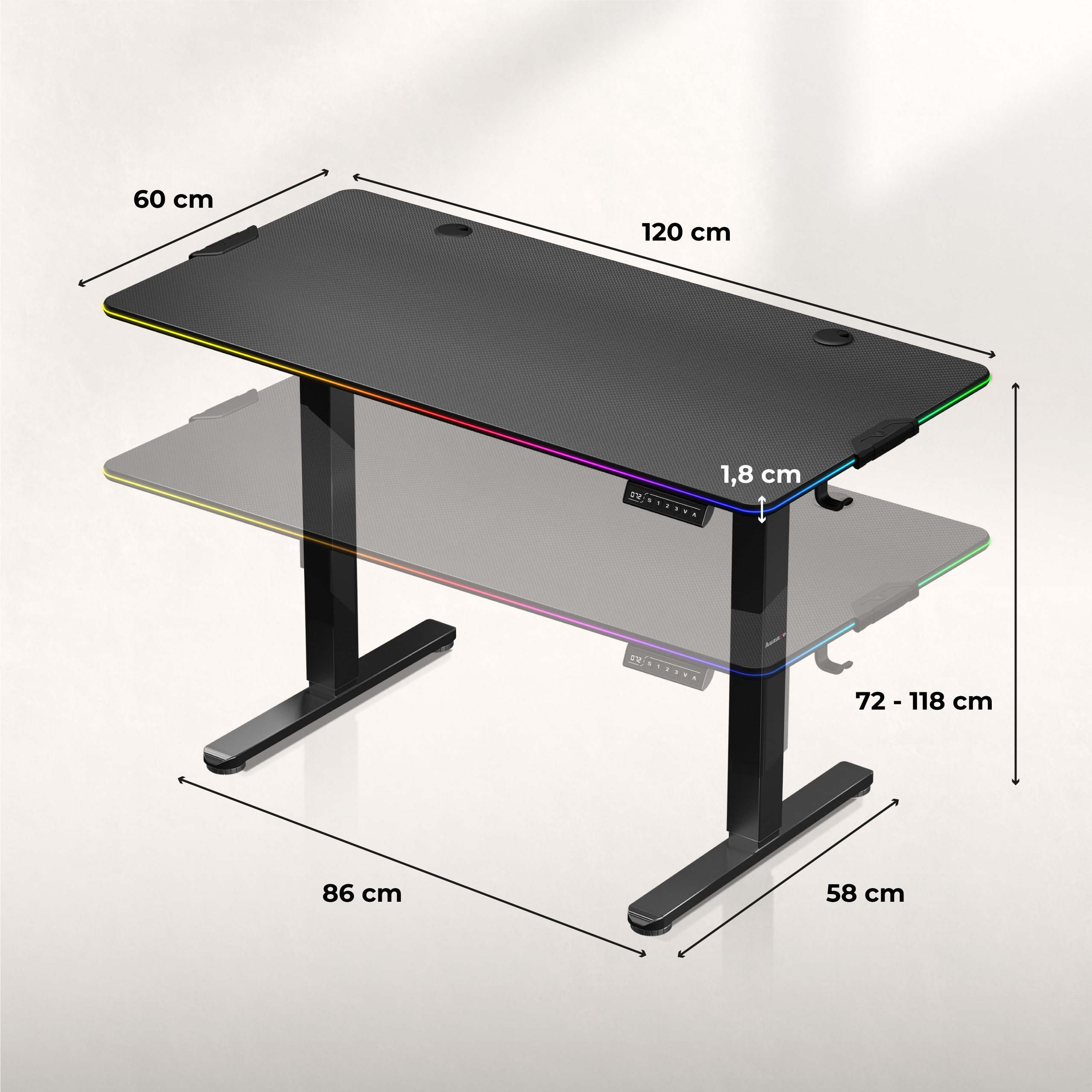 Wymiary biurka elektrycznego Huzaro Hero 8.2 RGB