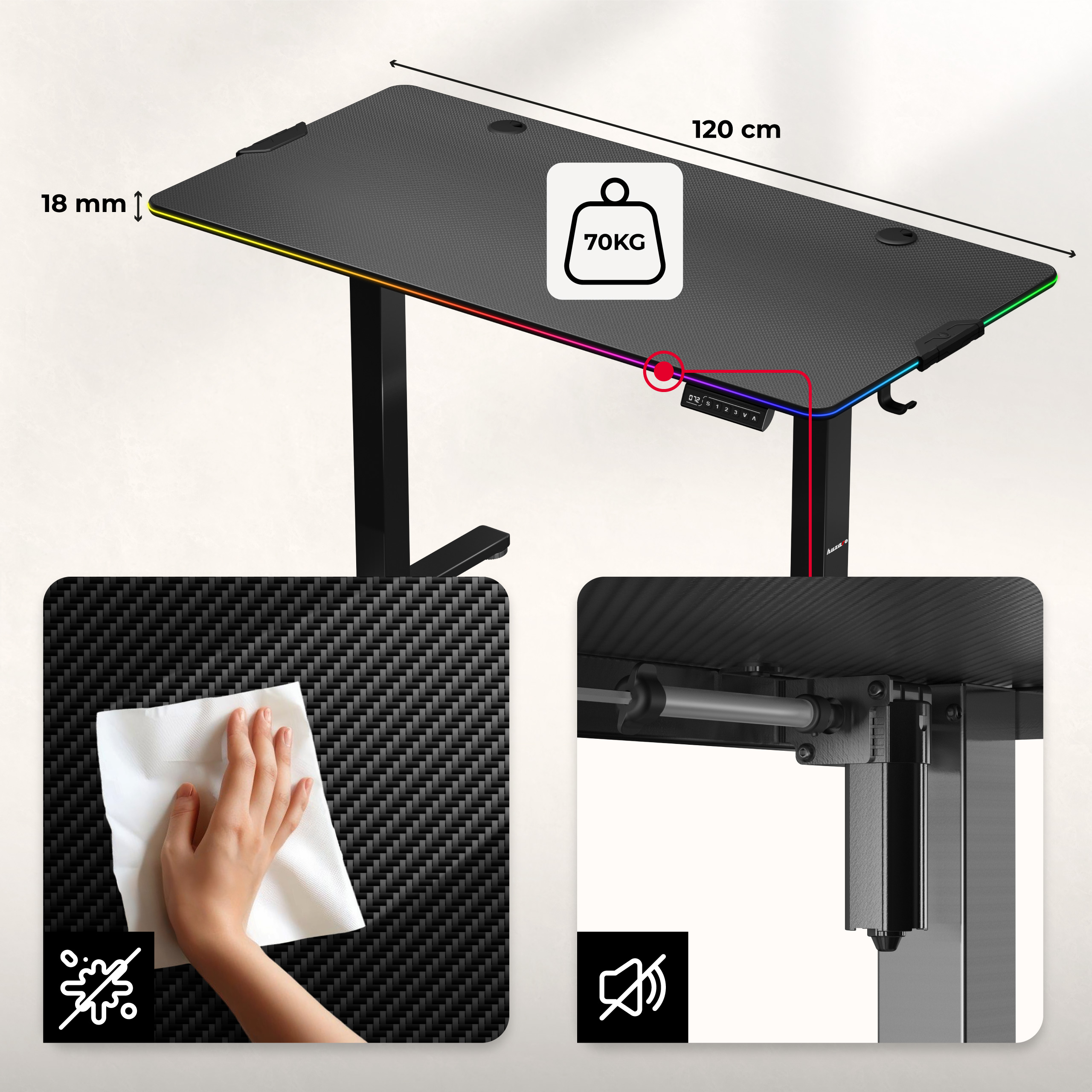 Wymiary blatu biurka gamingowego Hero 8.2 RGB Huzaro