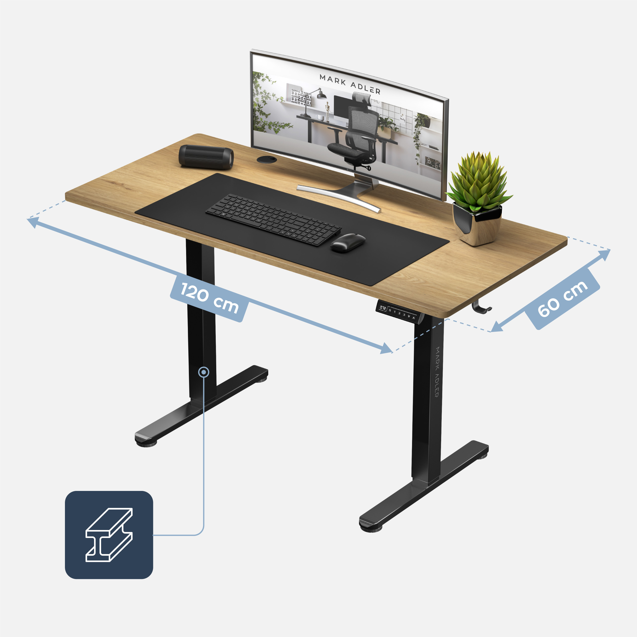 Wymiary biurka elektrycznego Lewa strona biurka elektrycznego Mark Adler Leader 7.0