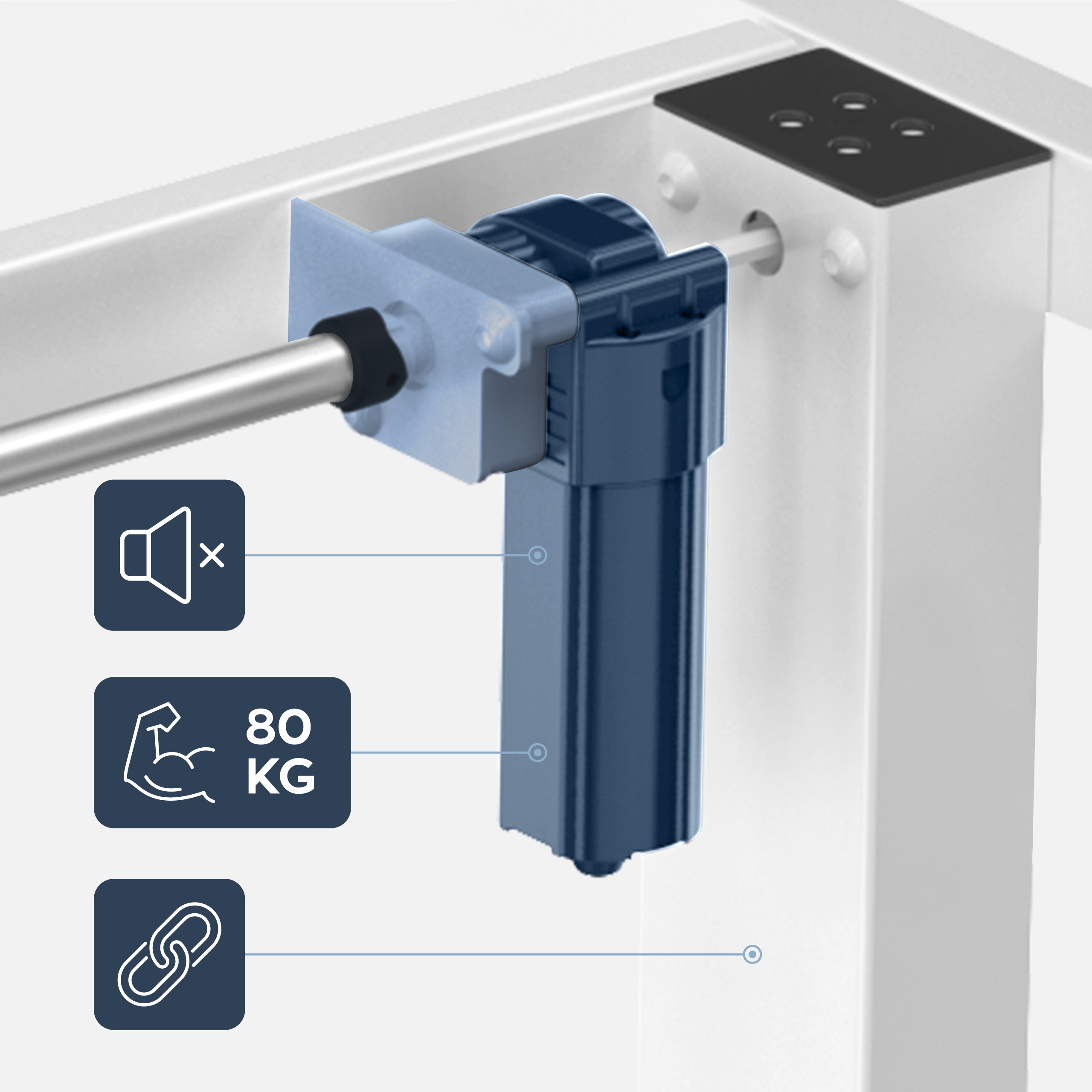 Płynna regulacja wysokości biurka dzięki płynnie działającemu silnikowi stelaża