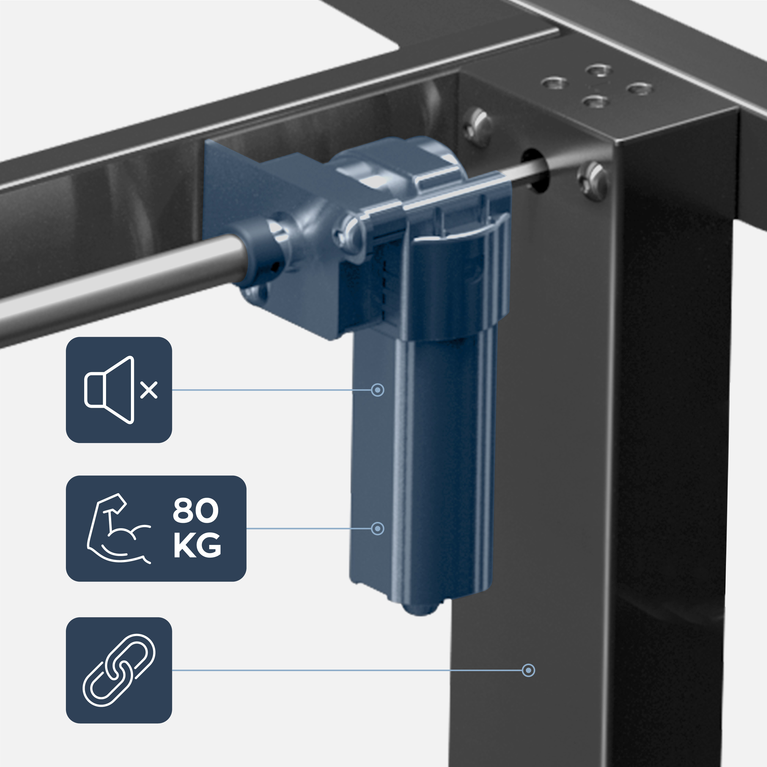 Płynna regulacja wysokości biurka dzięki płynnie działającemu silnikowi stelaża